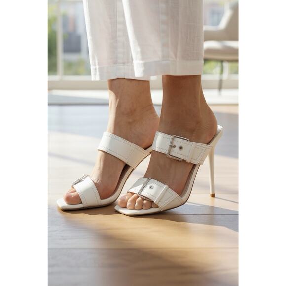 Steve Madden Joyous Y2K White Double Buckle High Heel Stiletto Sandals Size 7.5 - Picture 1 of 14